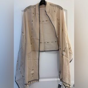 Eileen Fisher NWT Beige and Gray Cotton Scarf with Embroidered Accents